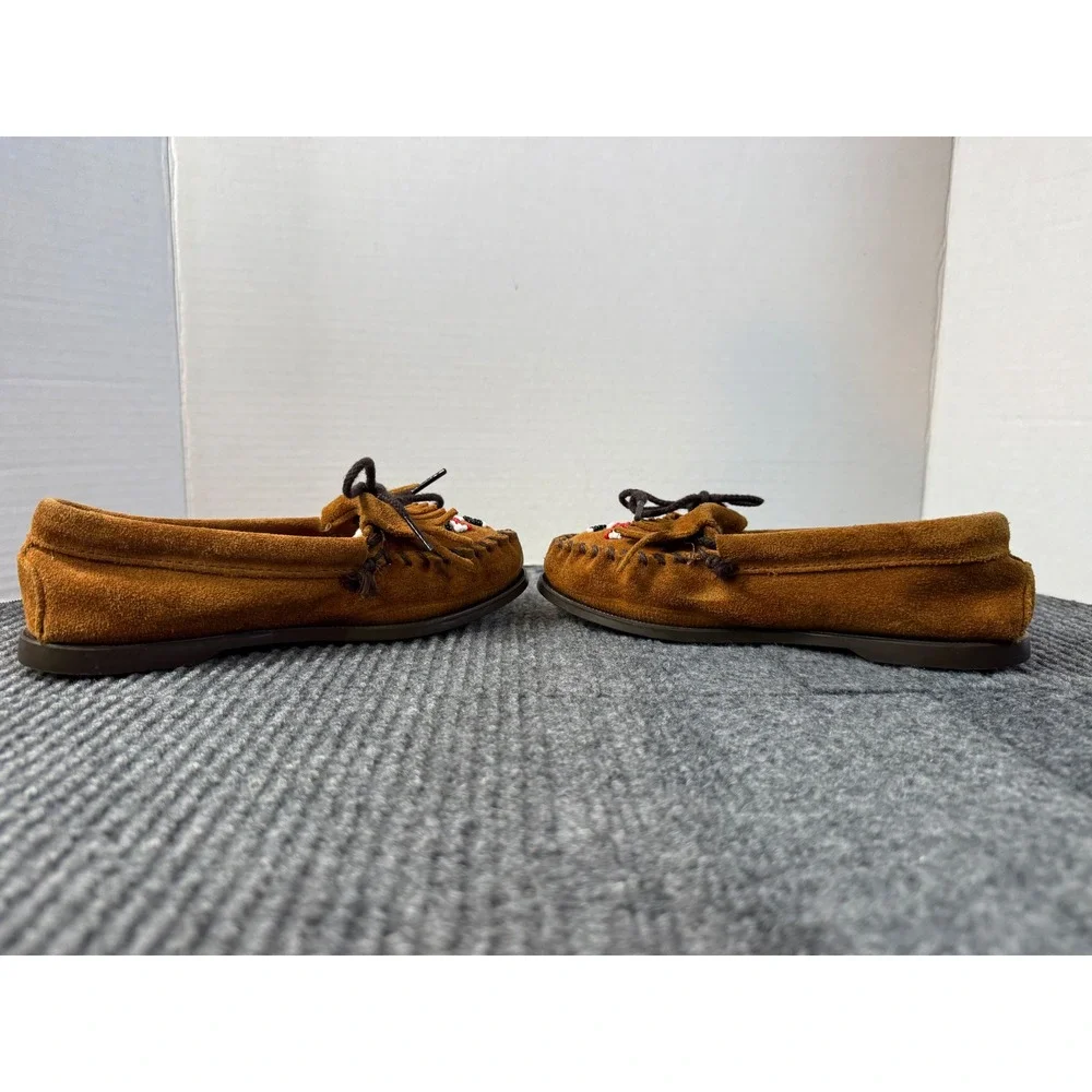 Minnetonka Kids Thunderbird Brown Suede Moccasins Beaded Fringe Shoes Size 2